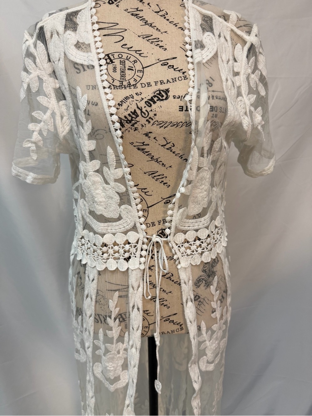 Sheer White Embroidered Boho Kimono Cover Up Duster XL